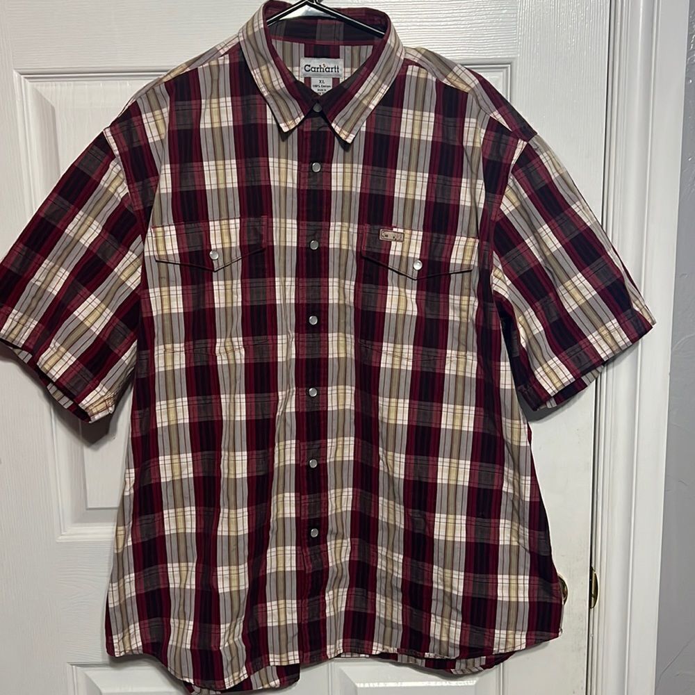 🔥🔥 CARHARTT Plaid‎ Pearl Snap Cotton Shirt - Short Sleeve - Men Sz XL - EUC